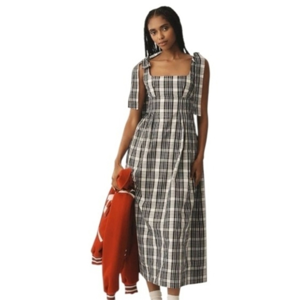 Maeve Anthropologie Plaid Square Neck Tie Strap Midi Dress Black White Sz Medium